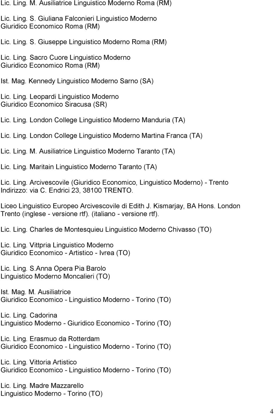 Ling. M. Ausiliatrice Linguistico Moderno Taranto (TA) Lic. Ling. Maritain Linguistico Moderno Taranto (TA) Lic. Ling. Arcivescovile (Giuridico Economico, Linguistico Moderno) - Trento Indirizzo: via C.