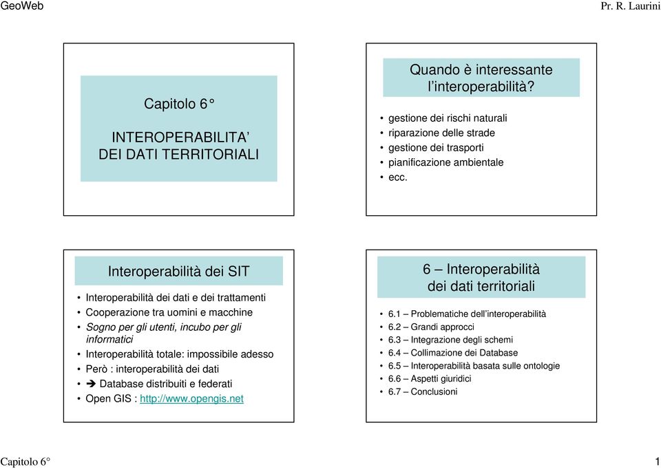 Interoperabilità dei SIT Interoperabilità dei dati e dei trattamenti Cooperazione tra uomini e macchine Sogno per gli utenti, incubo per gli informatici Interoperabilità totale: