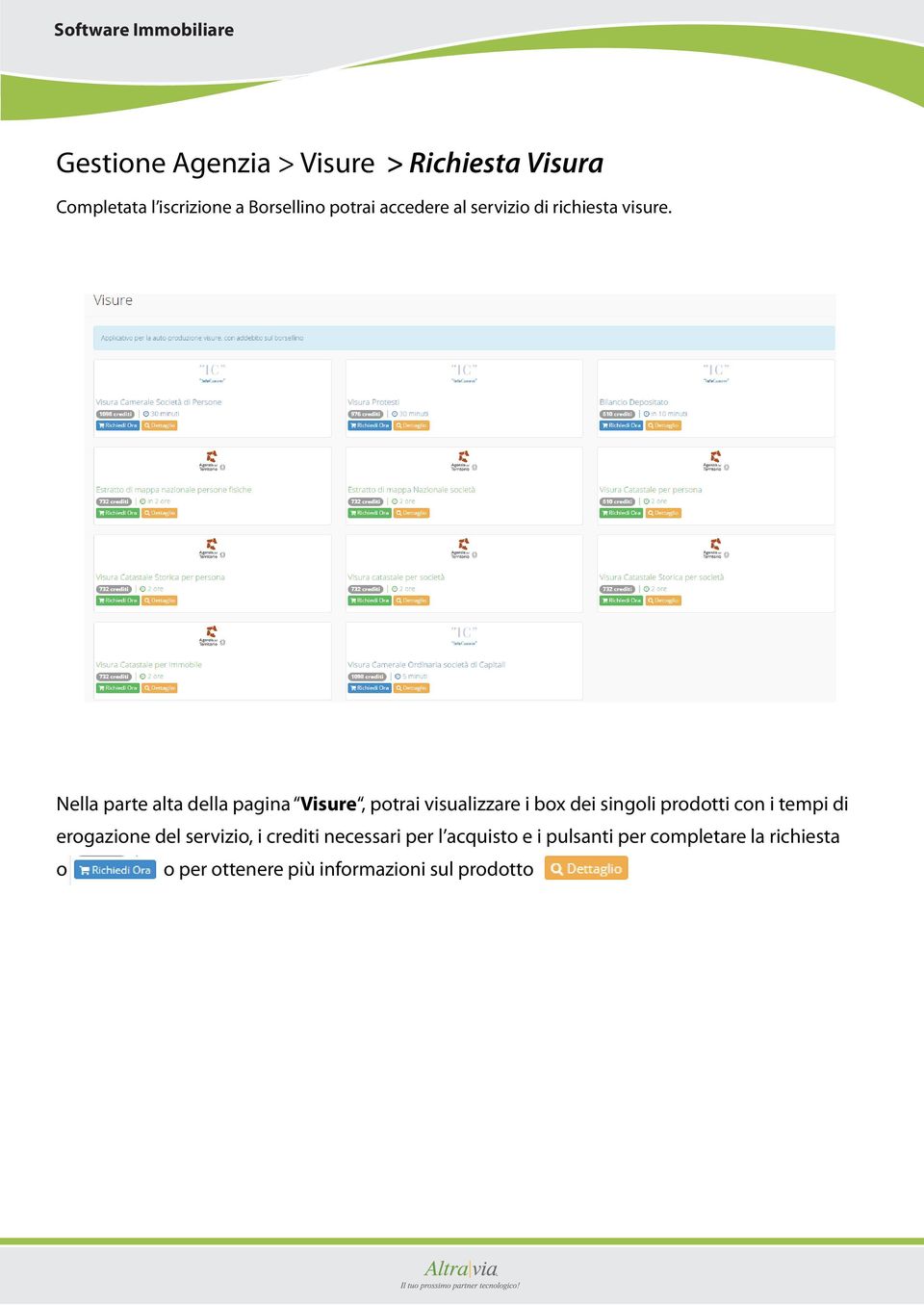 Nella parte alta della pagina Visure, potrai visualizzare i box dei singoli prodotti con i tempi di