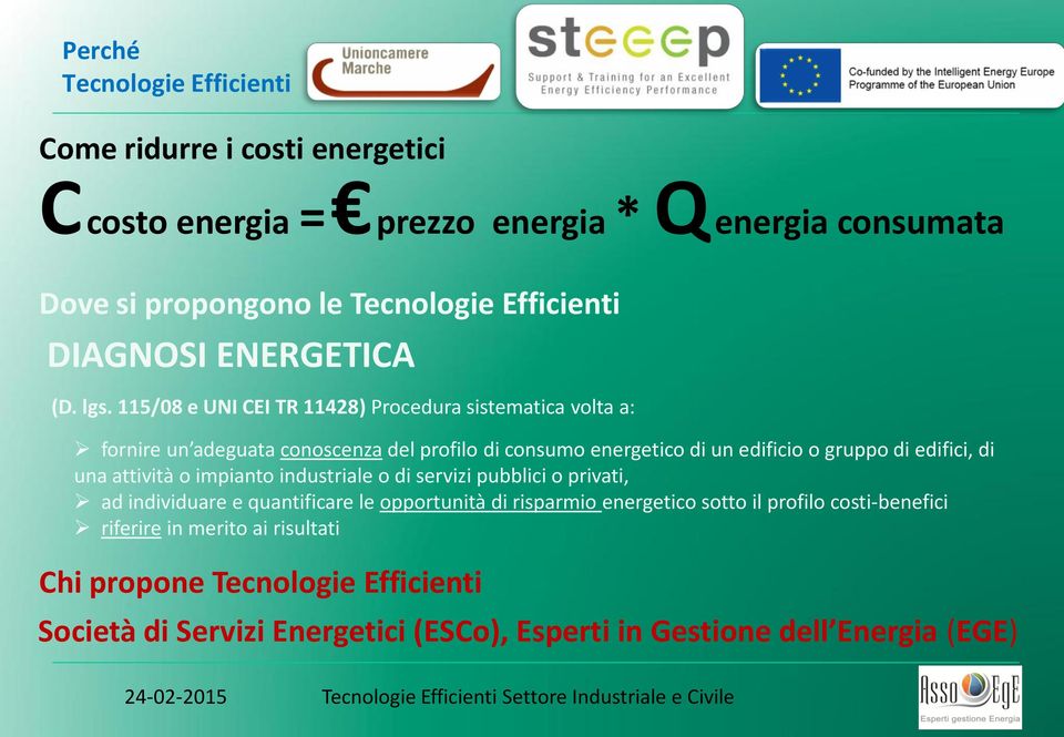 115/08 e UNI CEI TR 11428) Procedura sistematica volta a: fornire un adeguata conoscenza del profilo di consumo energetico di un edificio o gruppo di edifici, di una