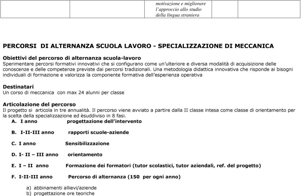 Una metodologia didattica innovativa che risponde ai bisogni individuali di formazione e valorizza la componente formativa dell esperienza operativa Destinatari Un corso di meccanica con max 24