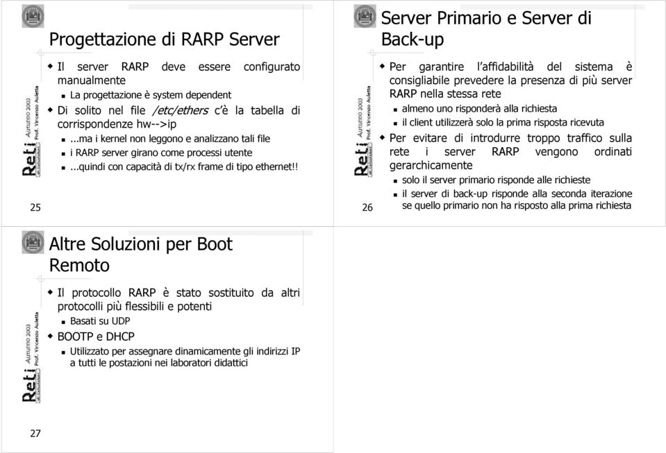 ! 26 Server Primario e Server di Back-up Per garantire l affidabilità del sistema è consigliabile prevedere la presenza di più server RARP nella stessa rete almeno uno risponderà alla richiesta il