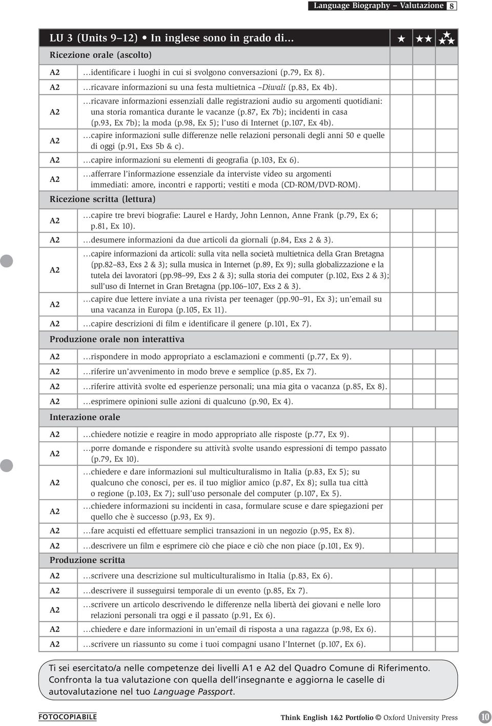 87, Ex 7b); incidenti in casa (p.93, Ex 7b); la moda (p.98, Ex 5); l uso di Internet (p.107, Ex 4b). capire informazioni sulle differenze nelle relazioni personali degli anni 50 e quelle di oggi (p.