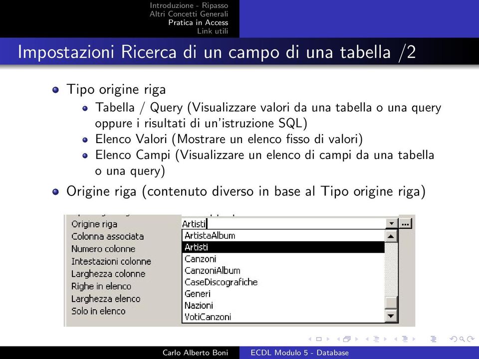 Elenco Valori (Mostrare un elenco fisso di valori) Elenco Campi (Visualizzare un elenco