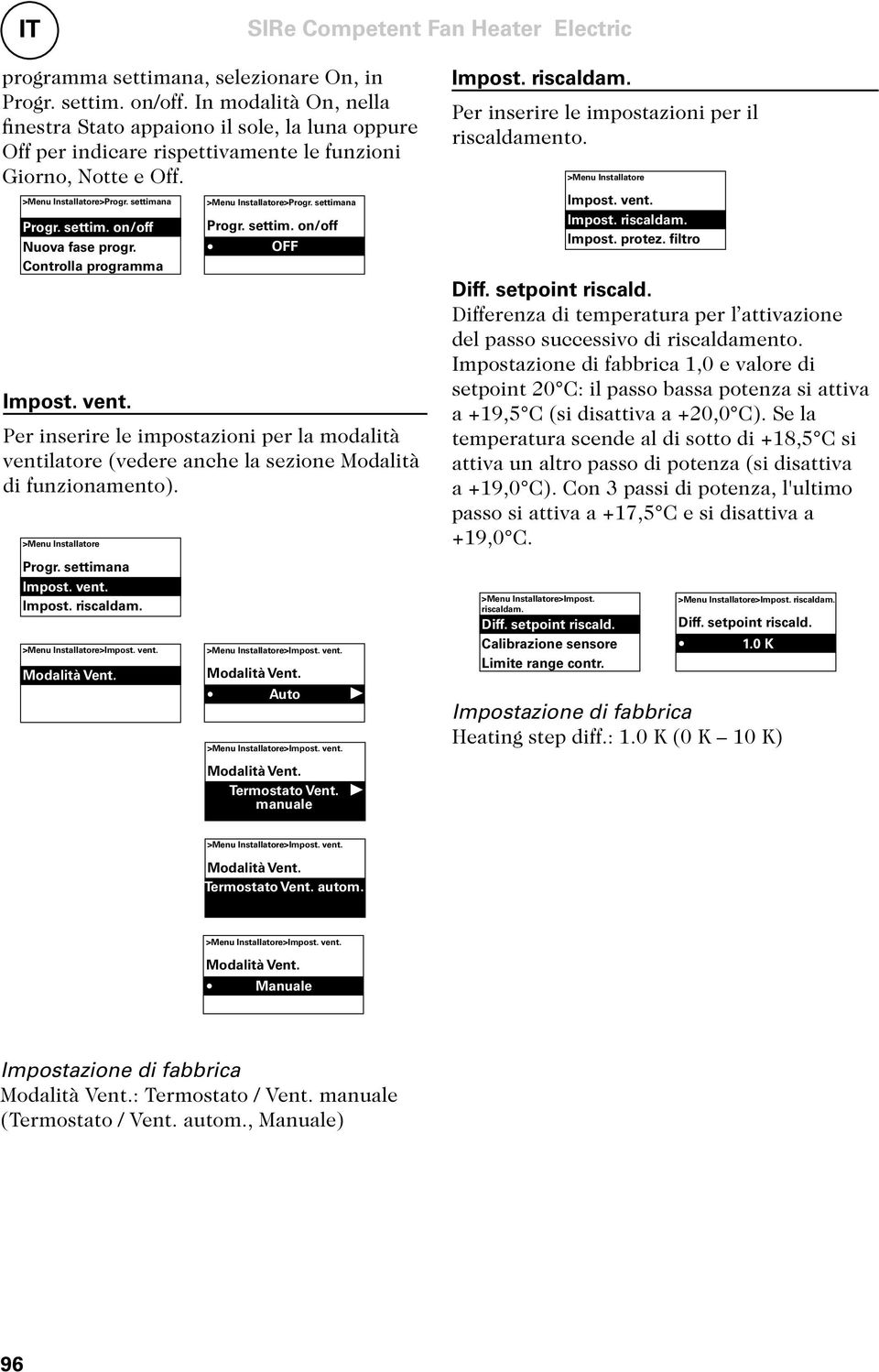 Controlla programma >Menu Installatore Progr. settimana Impost. vent. Impost. riscaldam. vent. Modalità Vent. >Menu Installatore>Progr. settimana Progr. settim. on/off OFF Impost. vent. Per inserire le impostazioni per la modalità ventilatore (vedere anche la sezione Modalità di funzionamento).