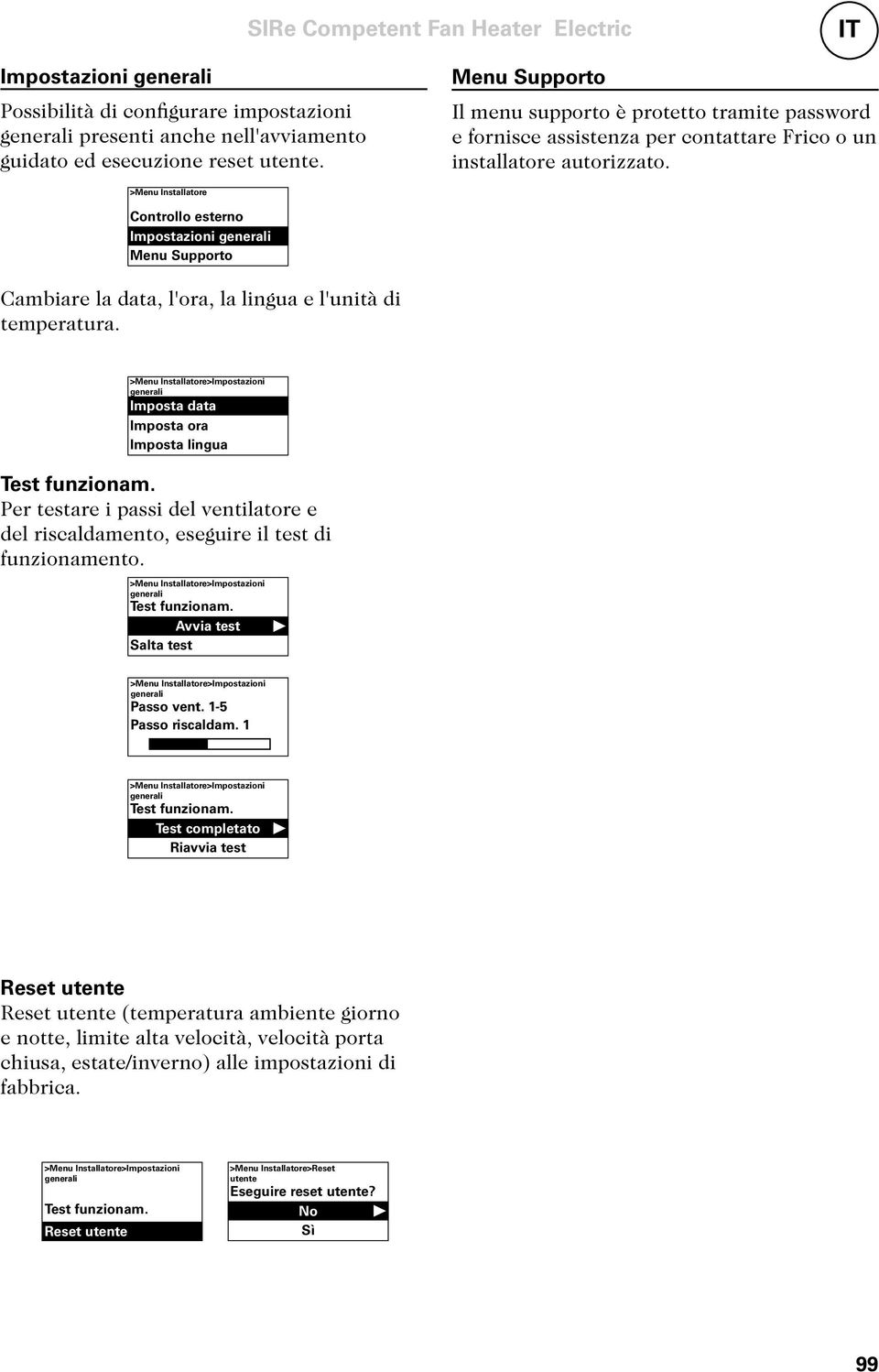 >Menu Installatore Controllo esterno Impostazioni generali Menu Supporto Cambiare la data, l'ora, la lingua e l'unità di temperatura.