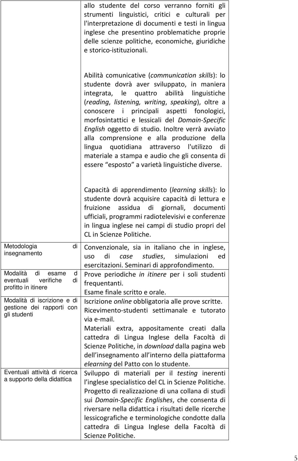 Abilità comunicative (communication skills): lo studente dovrà aver sviluppato, in maniera integrata, le quattro abilità linguistiche (reading, listening, writing, speaking), oltre a conoscere i