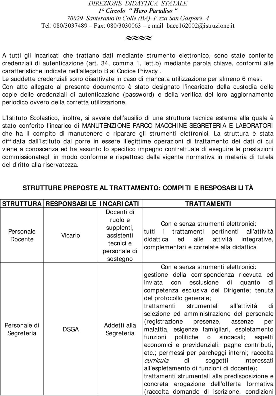 Con atto allegato al presente documento è stato designato l incaricato della custodia delle copie delle credenziali di autenticazione (password) e della verifica del loro aggiornamento periodico