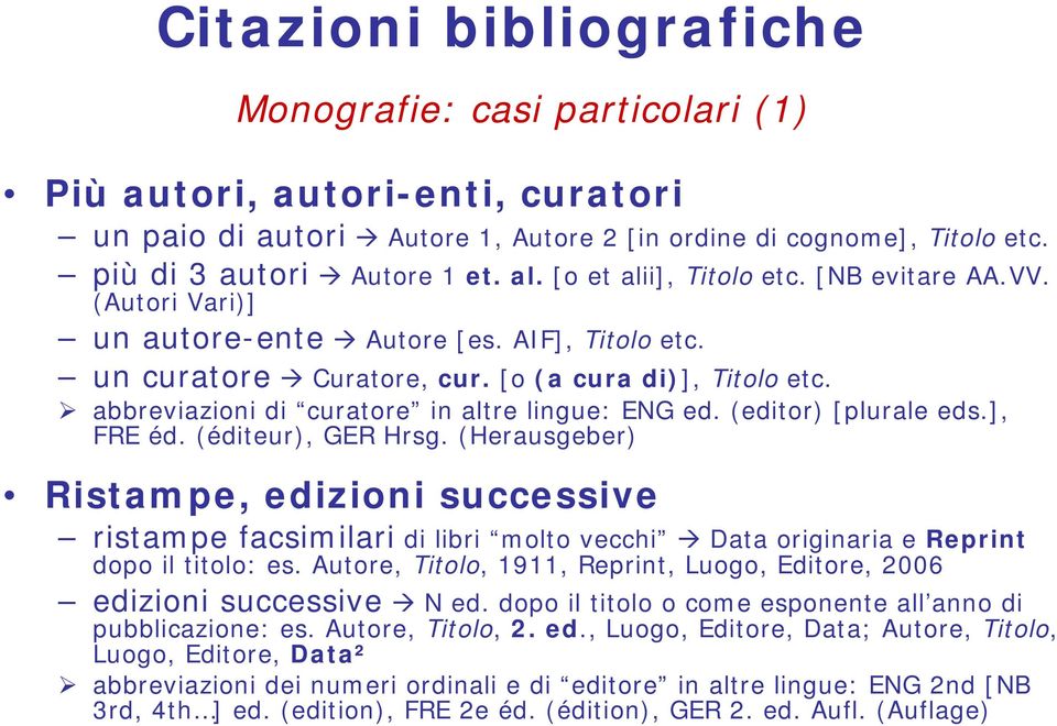 (editor) [plurale eds.], FRE éd. (éditeur), GER Hrsg. (Herausgeber) Ristampe, edizioni successive ristampe facsimilari di libri molto vecchi Data originaria e Reprint dopo il titolo: es.