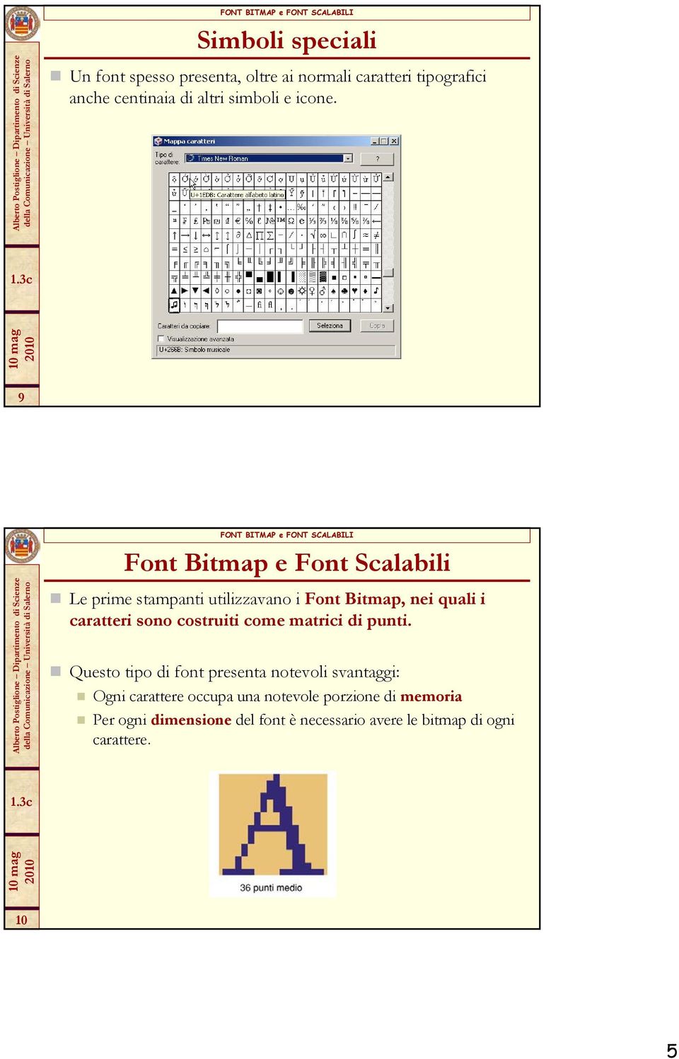 9 Font Bitmap e Font Scalabili Le prime stampanti utilizzavano i Font Bitmap, nei quali i caratteri sono