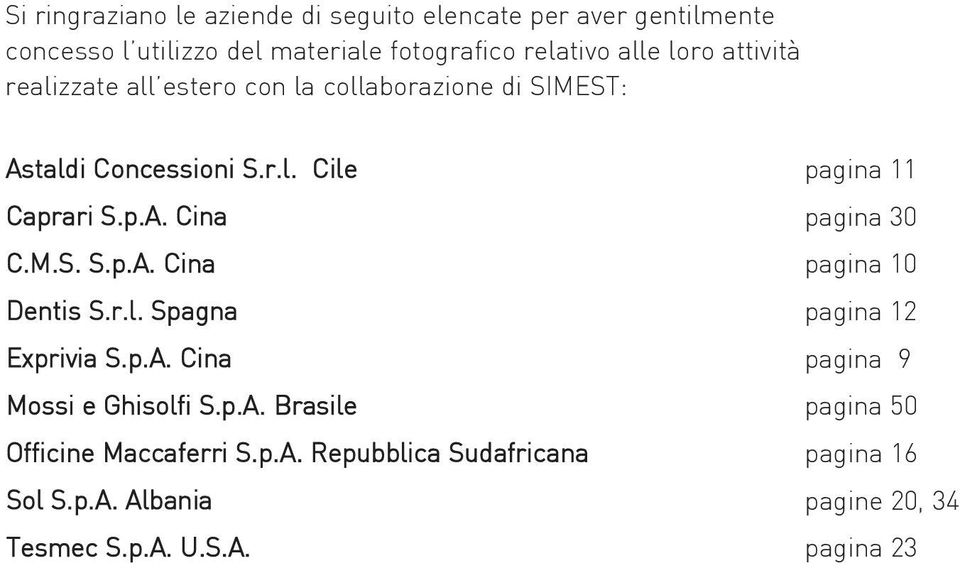 M.S. S.p.a. Cina pagina 10 dentis S.r.l. Spagna pagina 12 exprivia S.p.a. Cina pagina 9 Mossi e ghisolfi S.p.a. Brasile pagina 50 officine Maccaferri S.