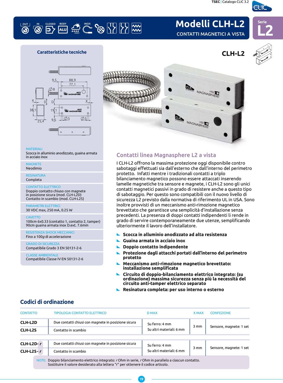 Neodimio RESINATURA Completa CONTATTO ELETTRICO oppio contatto chiuso con magnete in posizione sicura (mod. CLH-L2) Contatto in scambio (mod. CLH-L25) PARAMETRI ELETTRICI 30 VC max, 250 ma, 0.