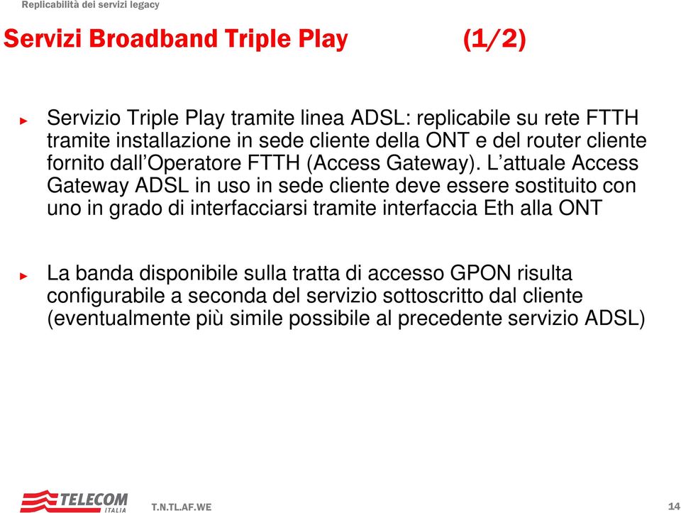 L attuale Access Gateway ADSL in uso in sede cliente deve essere sostituito con uno in grado di interfacciarsi tramite interfaccia