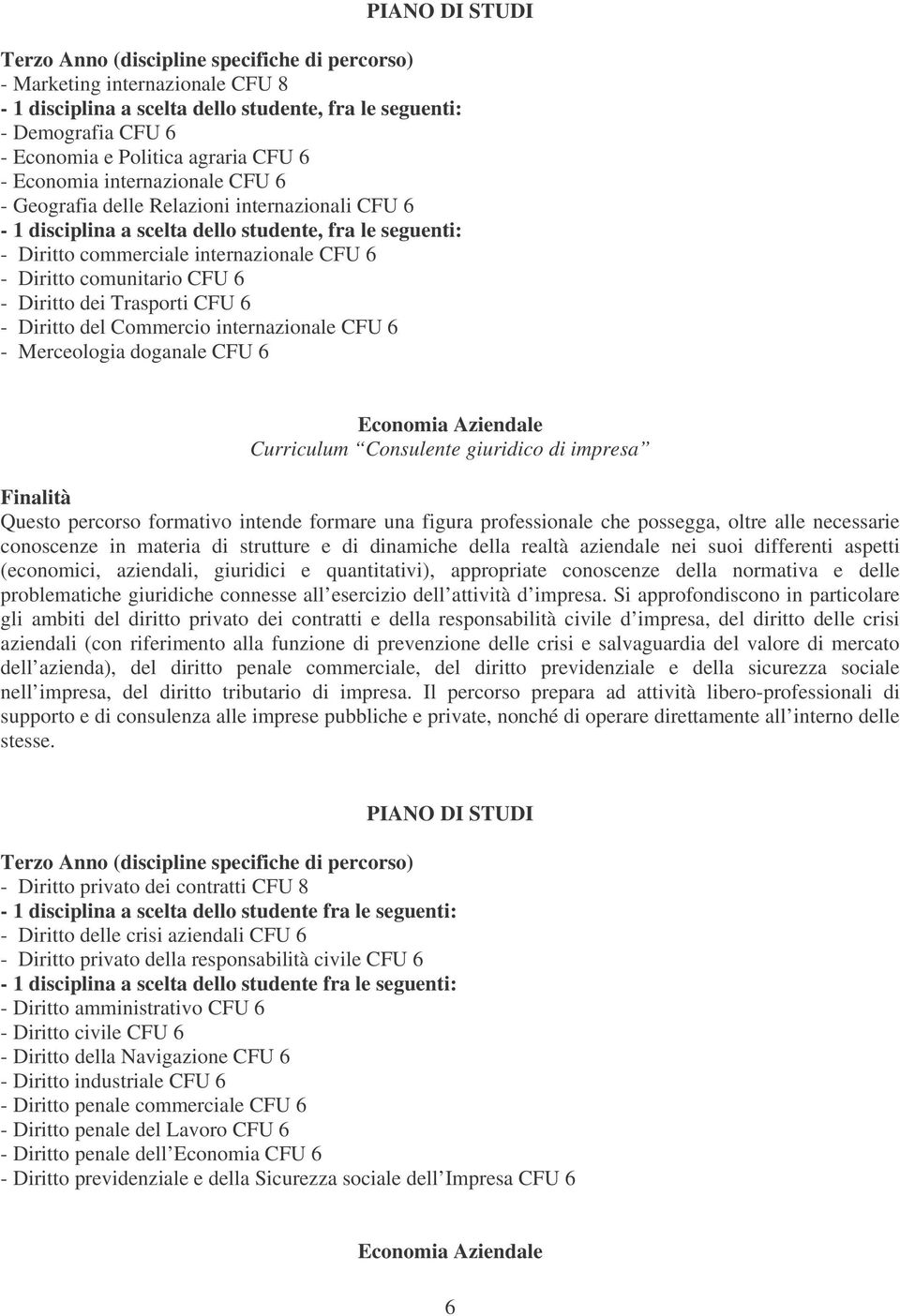 CFU 6 - Diritto dei Trasporti CFU 6 - Diritto del Commercio internazionale CFU 6 - Merceologia doganale CFU 6 Economia Aziendale Curriculum Consulente giuridico di impresa Finalità Questo percorso