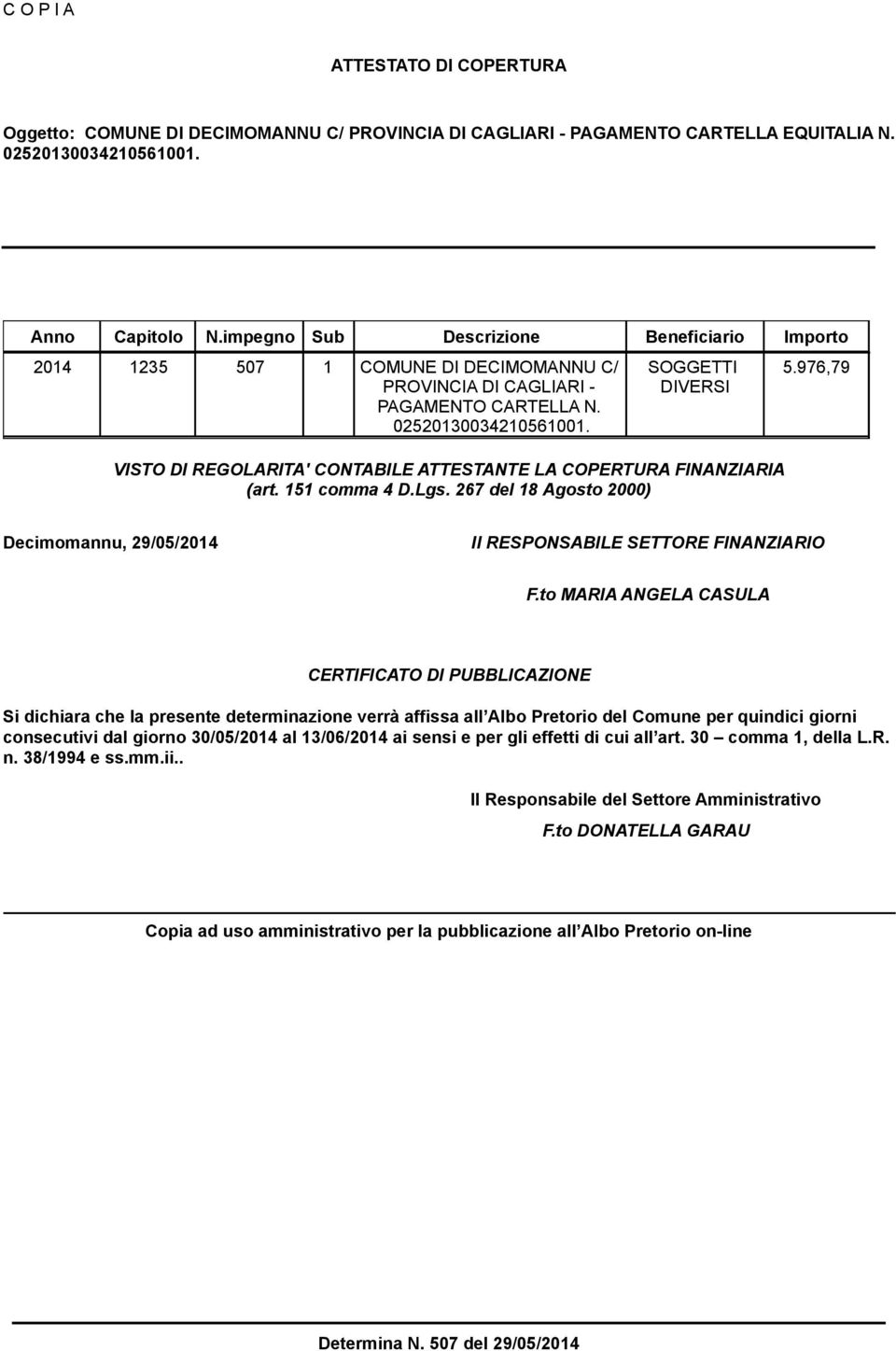 976,79 VISTO DI REGOLARITA' CONTABILE ATTESTANTE LA COPERTURA FINANZIARIA (art. 151 comma 4 D.Lgs. 267 del 18 Agosto 2000) Decimomannu, 29/05/2014 Il RESPONSABILE SETTORE FINANZIARIO F.