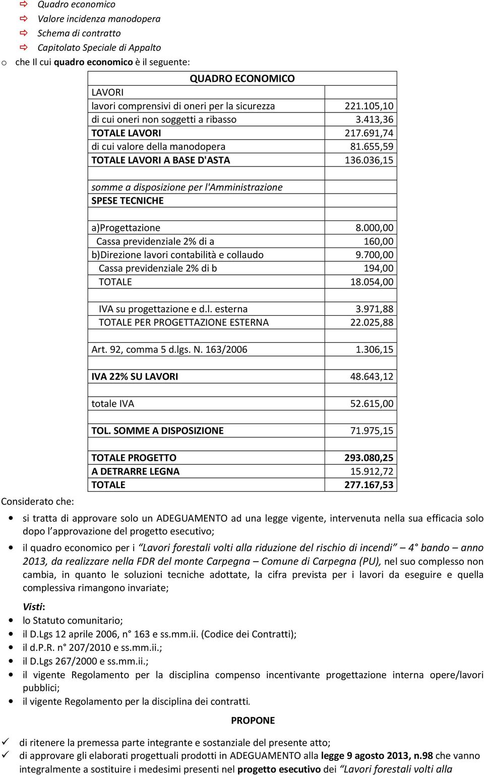 036,15 somme a disposizione per l'amministrazione SPESE TECNICHE a)progettazione 8.000,00 Cassa previdenziale 2% di a 160,00 b)direzione lavori contabilità e collaudo 9.