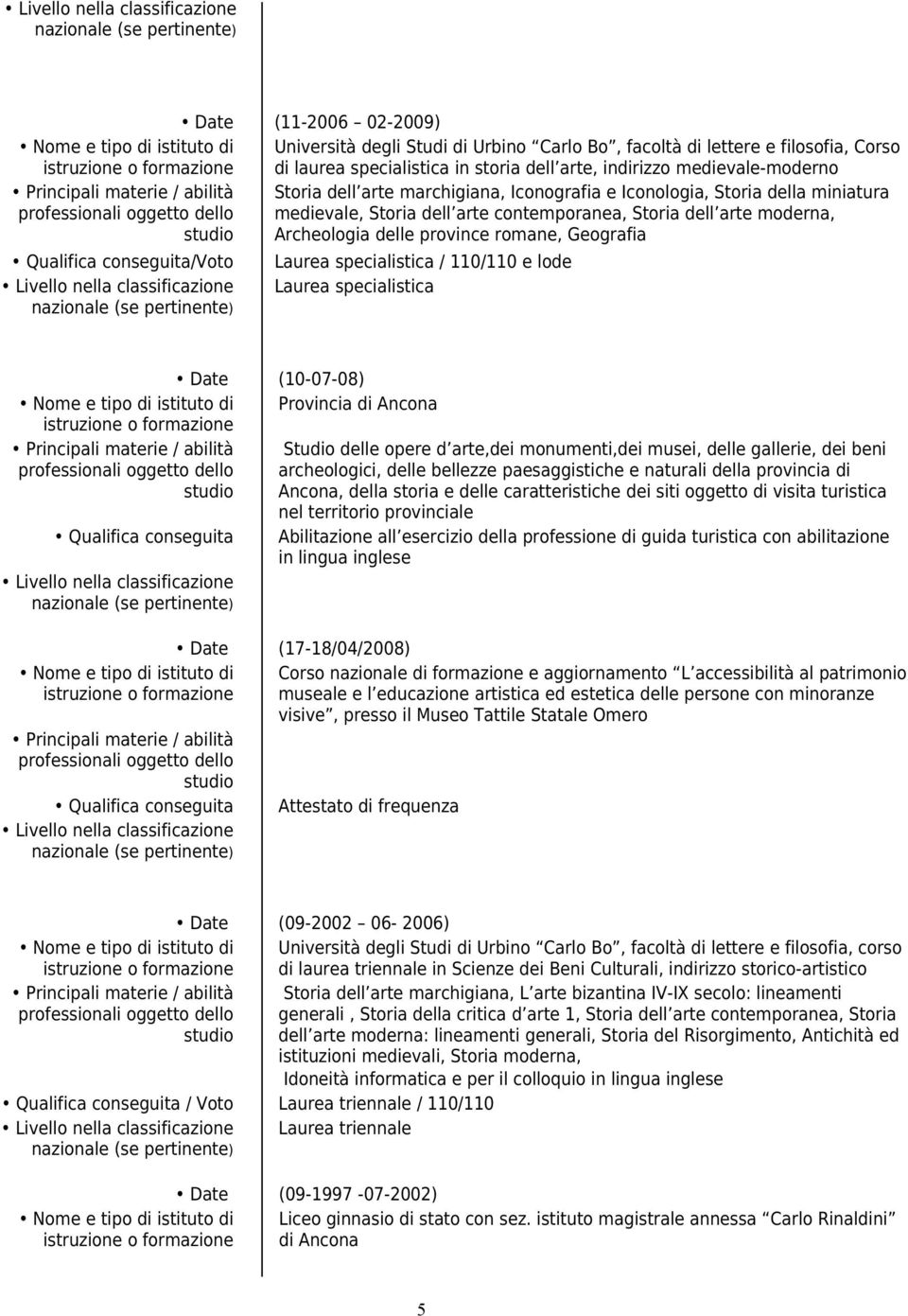 province romane, Geografia Qualifica conseguita/voto Laurea specialistica / 110/110 e lode Laurea specialistica (10-07-08) Nome e tipo di istituto di Provincia di Ancona Principali materie / abilità