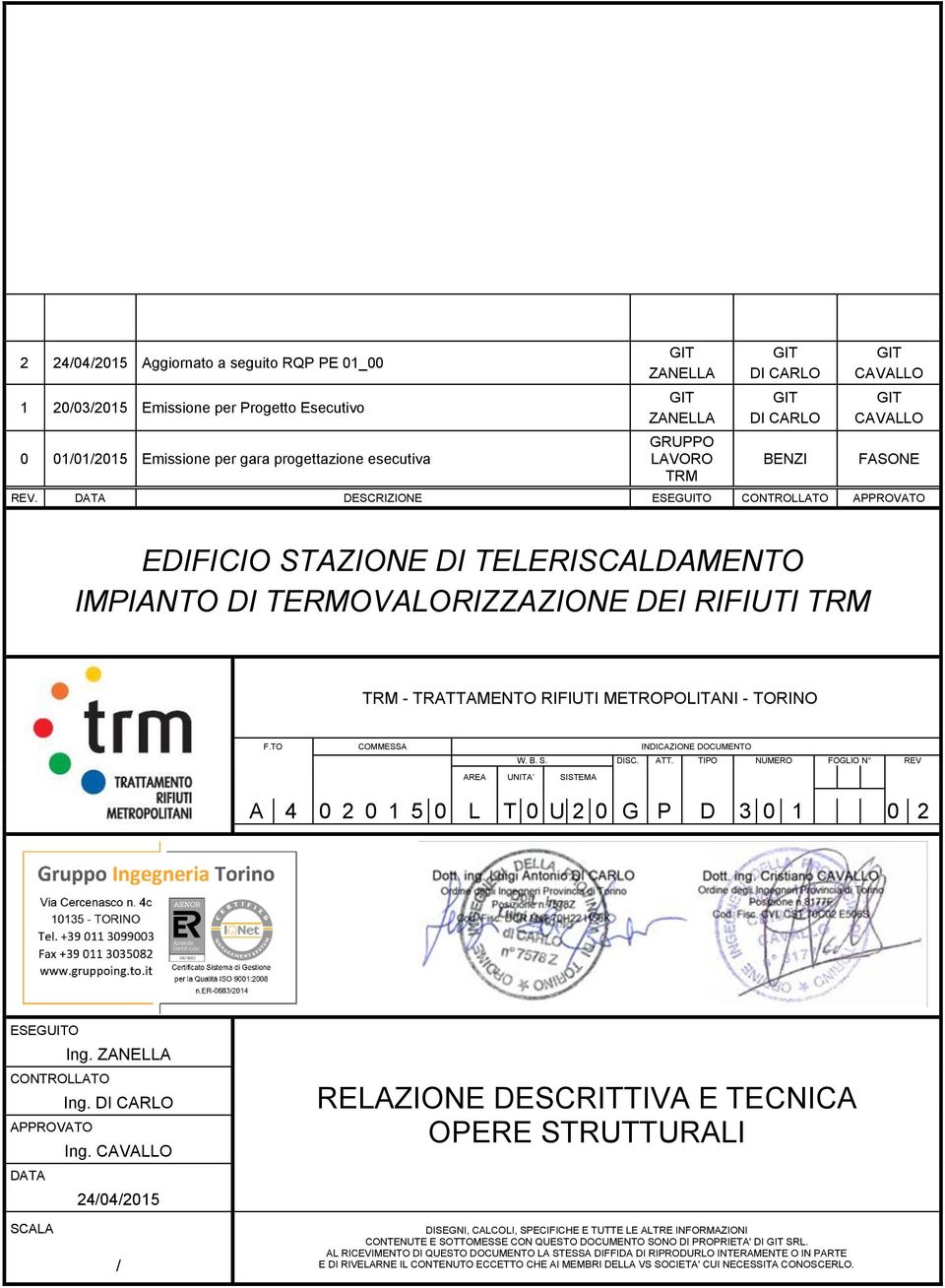 DATA DESCRIZIONE ESEGUITO CONTROLLATO APPROVATO EDIFICIO STAZIONE DI TELERISCALDAMENTO IMPIANTO DI TERMOVALORIZZAZIONE DEI RIFIUTI TRM TRM - TRATTAMENTO RIFIUTI METROPOLITANI - TORINO F.