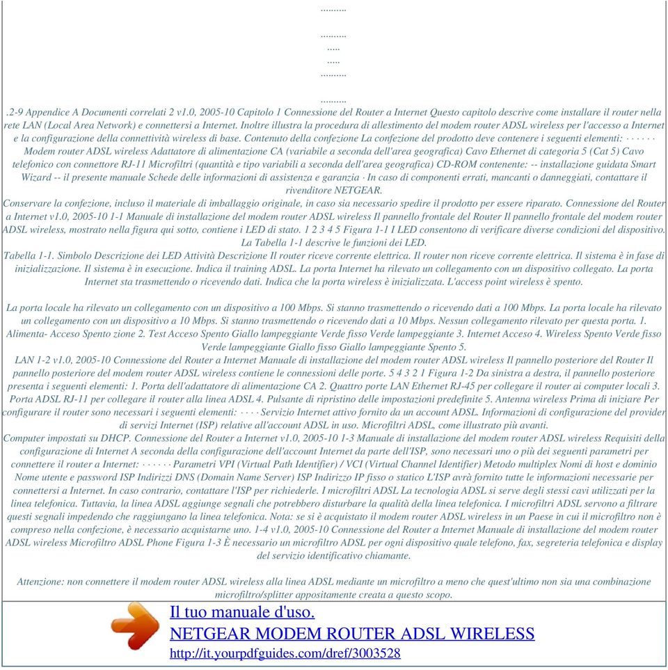 Inoltre illustra la procedura di allestimento del modem router ADSL wireless per l'accesso a Internet e la configurazione della connettività wireless di base.