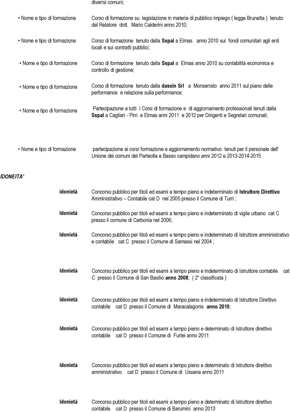 2010 su contabilità economica e controllo di gestione; Corso di formazione tenuto dalla dasein Srl a Monserrato anno 2011 sul piano delle performance e relazione sulla performance; Partecipazione a