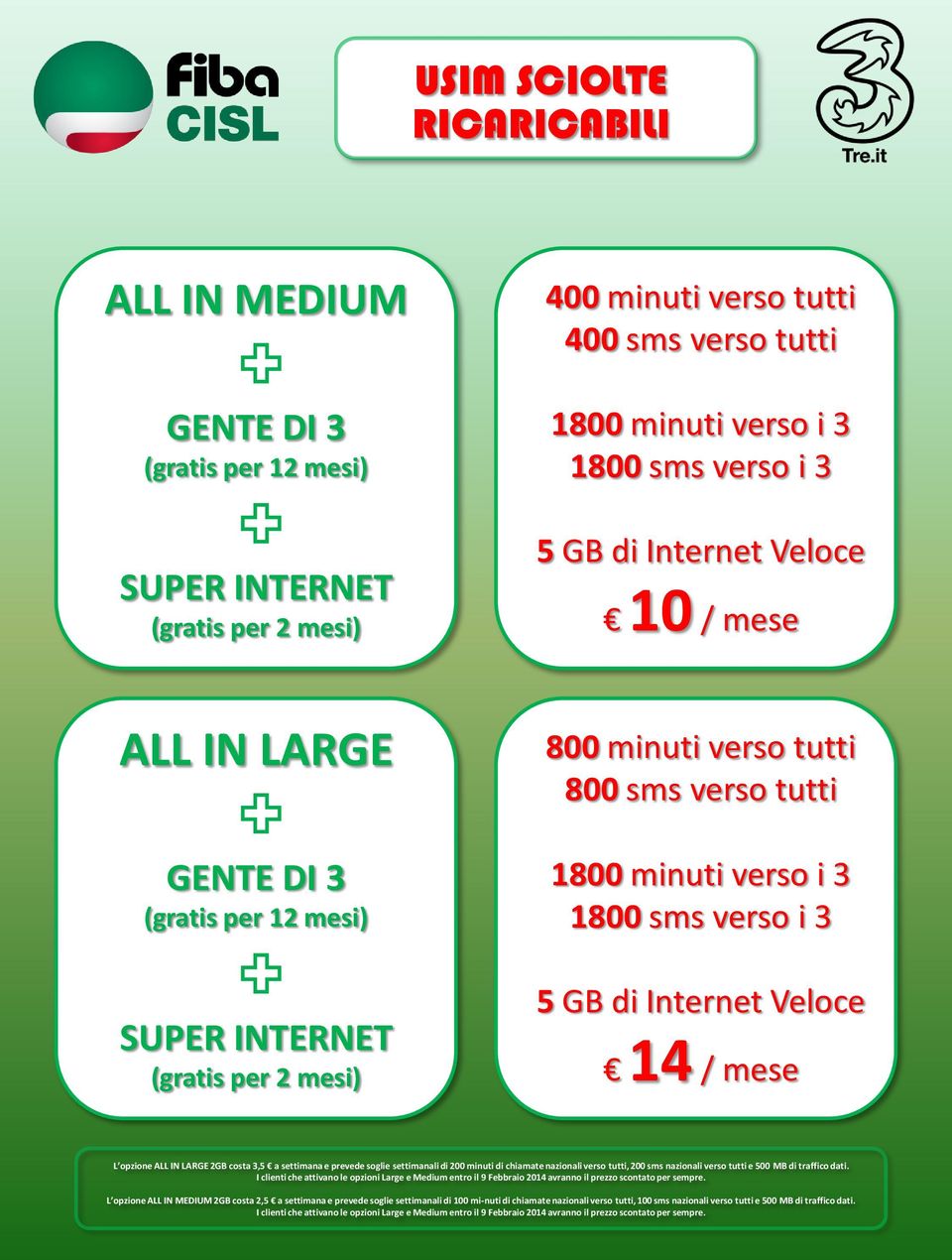 IN LARGE 2GB costa 3,5 a settimana e prevede soglie settimanali di 200 minuti di chiamate nazionali verso tutti, 200 sms nazionali verso tutti e 500 MB di traffico dati.