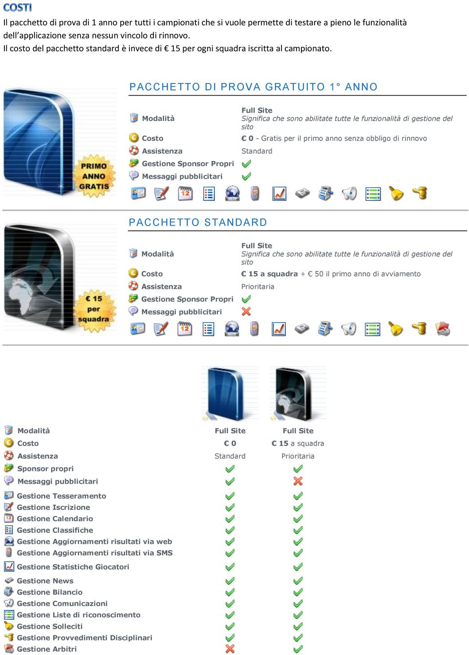 PACCHETTO DI PROVA G RATUITO 1 ANNO Modalità Costo Assistenza Gestione Sponsor Propri Messaggi pubblicitari Full Site Significa che sono abilitate tutte le funzionalità di gestione del sito 0 -