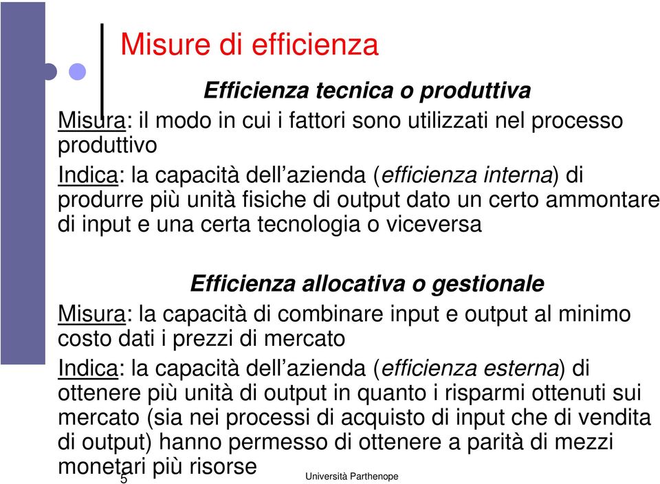 Misura: la capacità di combinare input e output al minimo costo dati i prezzi di mercato Indica: la capacità dell azienda (efficienza esterna) di ottenere più unità di