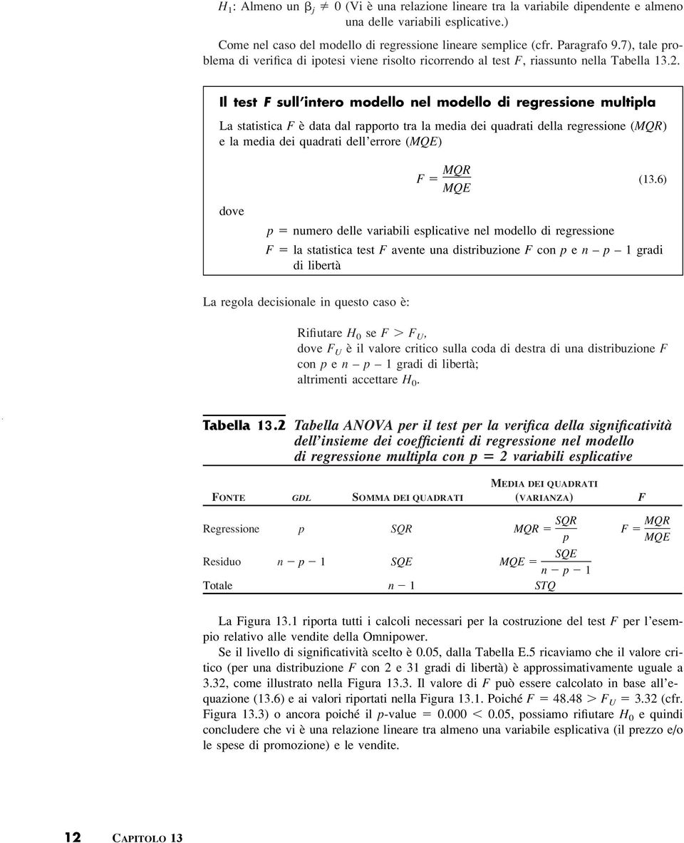 Il test F sull intero modello nel modello di regressione multipla La statistica F è data dal rapporto tra la media dei quadrati della regressione (MQR) e la media dei quadrati dell errore (MQE) dove
