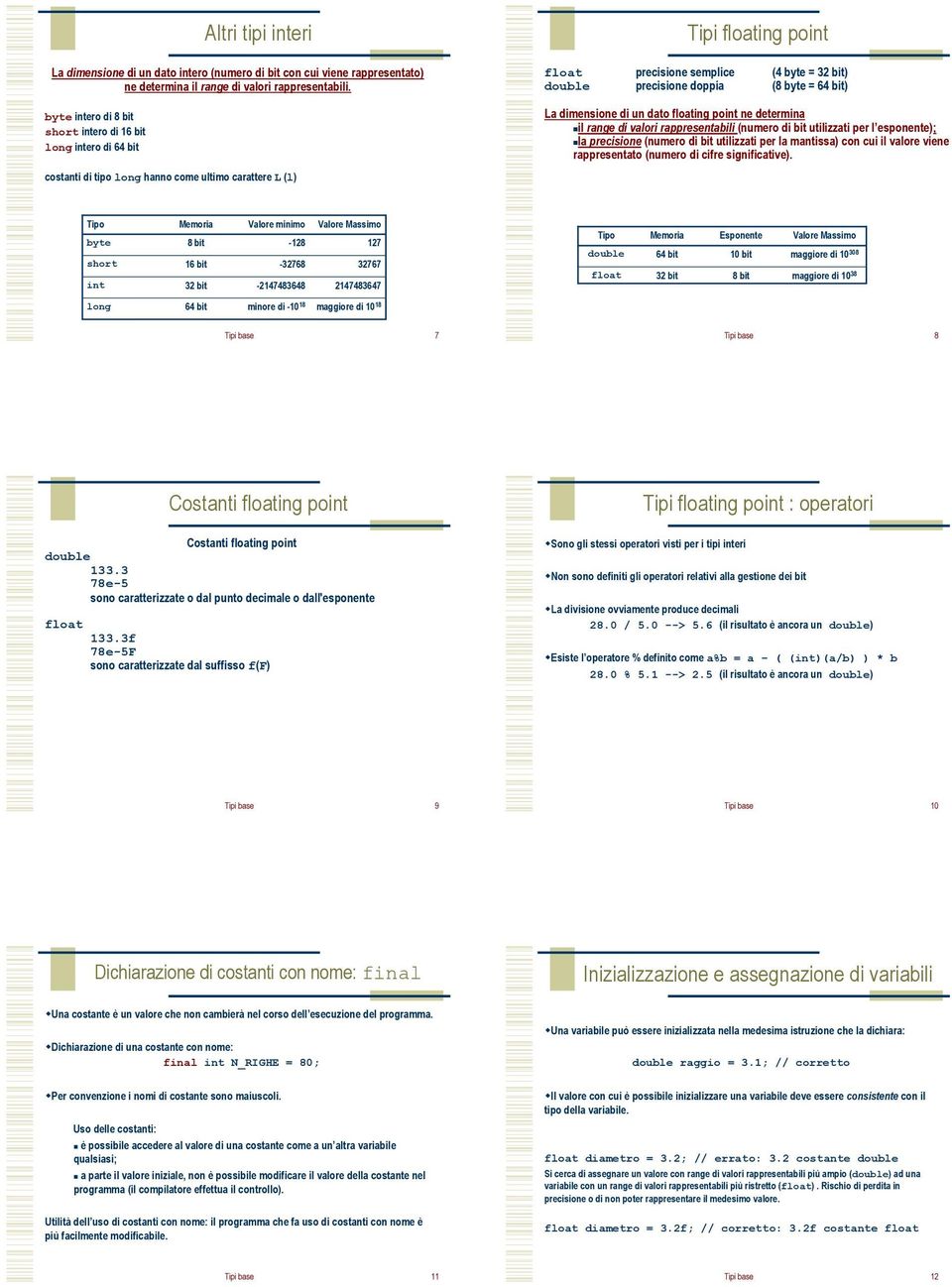 precisione doppia (8 byte = 64 bit) La dimensione di un dato floating point ne determina il range di valori rappresentabili (numero di bit utilizzati per l esponente); la precisione (numero di bit