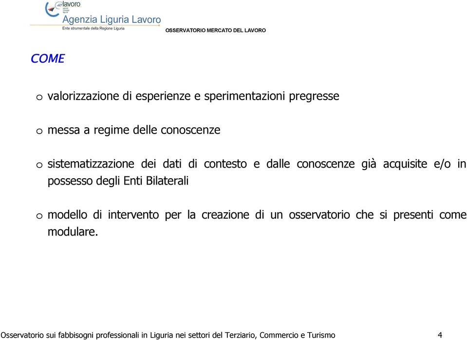 Bilaterali o modello di intervento per la creazione di un osservatorio che si presenti come modulare.