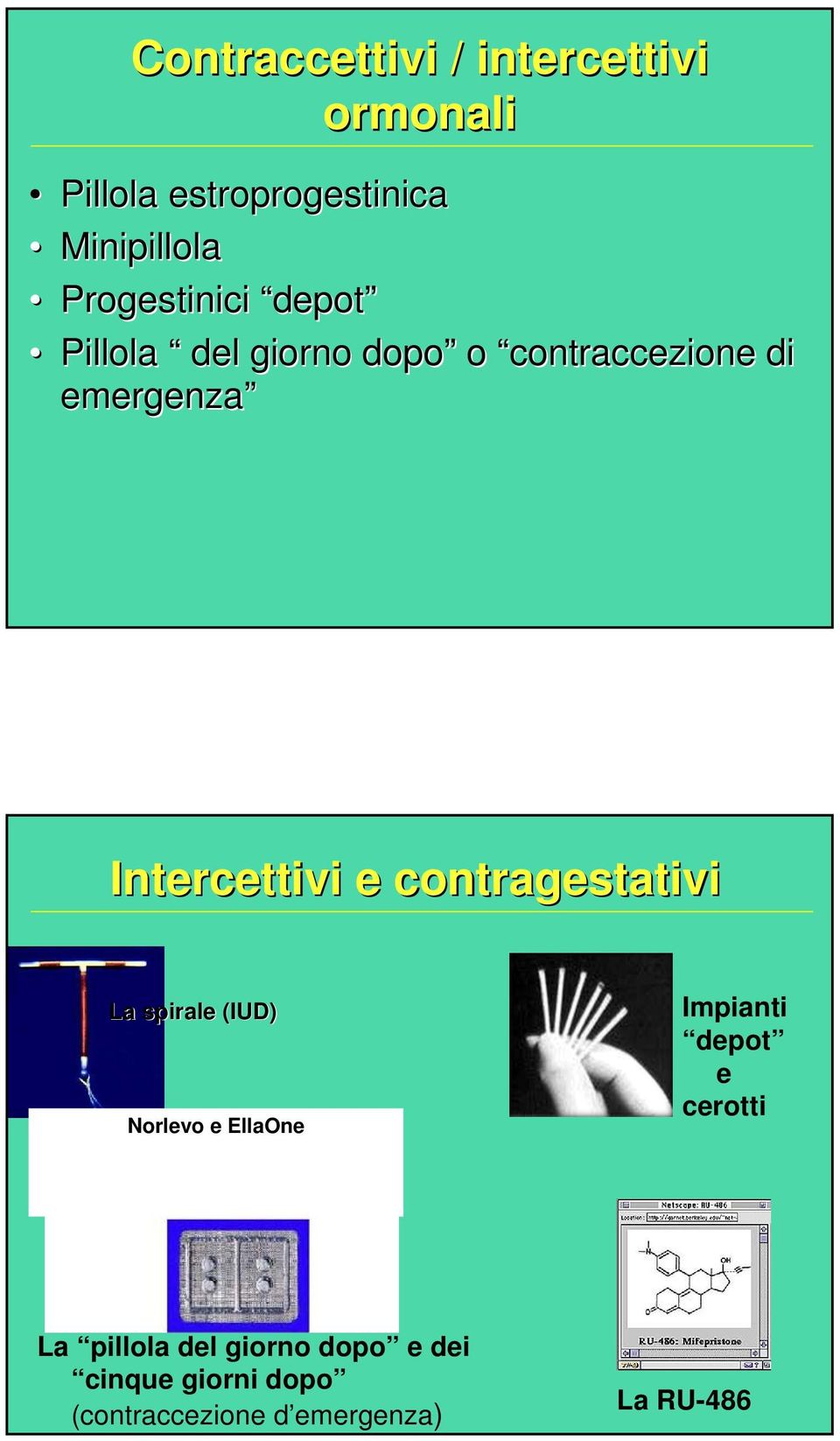 Intercettivi e contragestativi La spirale (IUD) Norlevo e EllaOne Impianti depot e