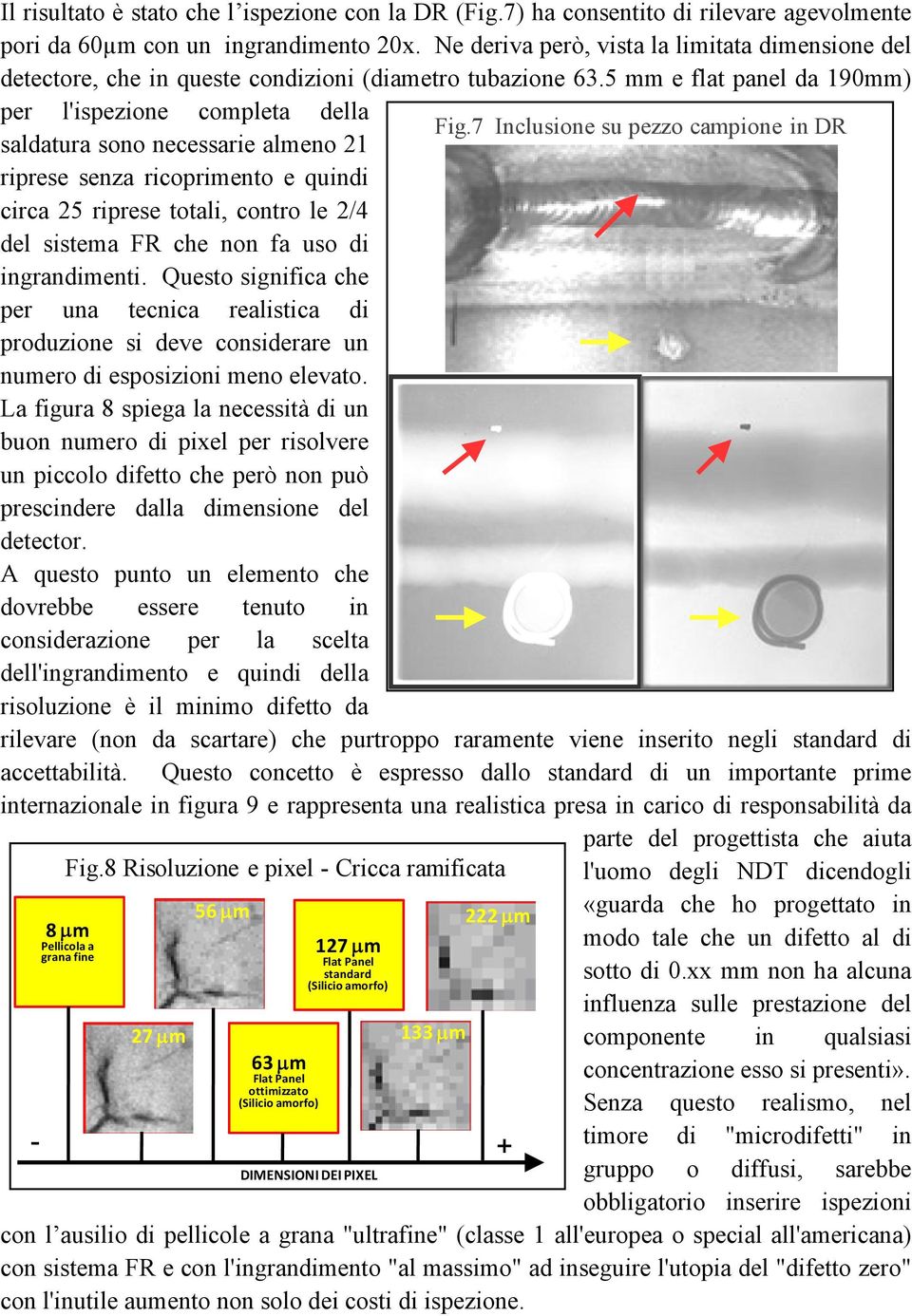 7 Inclusione su pezzo campione in DR saldatura sono necessarie almeno 21 riprese senza ricoprimento e quindi circa 25 riprese totali, contro le 2/4 del sistema FR che non fa uso di ingrandimenti.