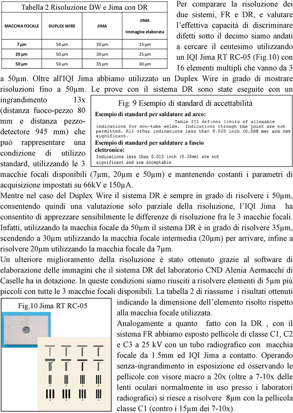 10) con 50 µm 50 µm 35 µm 30 µm 16 elementi multipli che vanno da 3 a 50µm. Oltre all'iqi Jima abbiamo utilizzato un Duplex Wire in grado di mostrare risoluzioni fino a 50µm.