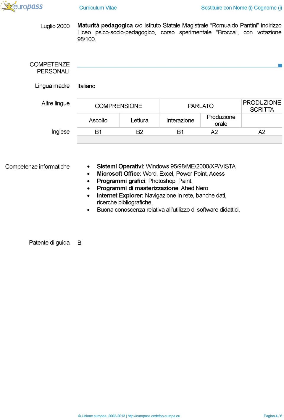 COMPETENZE PERSONALI Lingua madre Italiano Altre lingue PRODUZIONE COMPRENSIONE PARLATO SCRITTA Ascolto Lettura Interazione Produzione orale Inglese B1 B2 B1 A2 A2 Competenze informatiche Sistemi