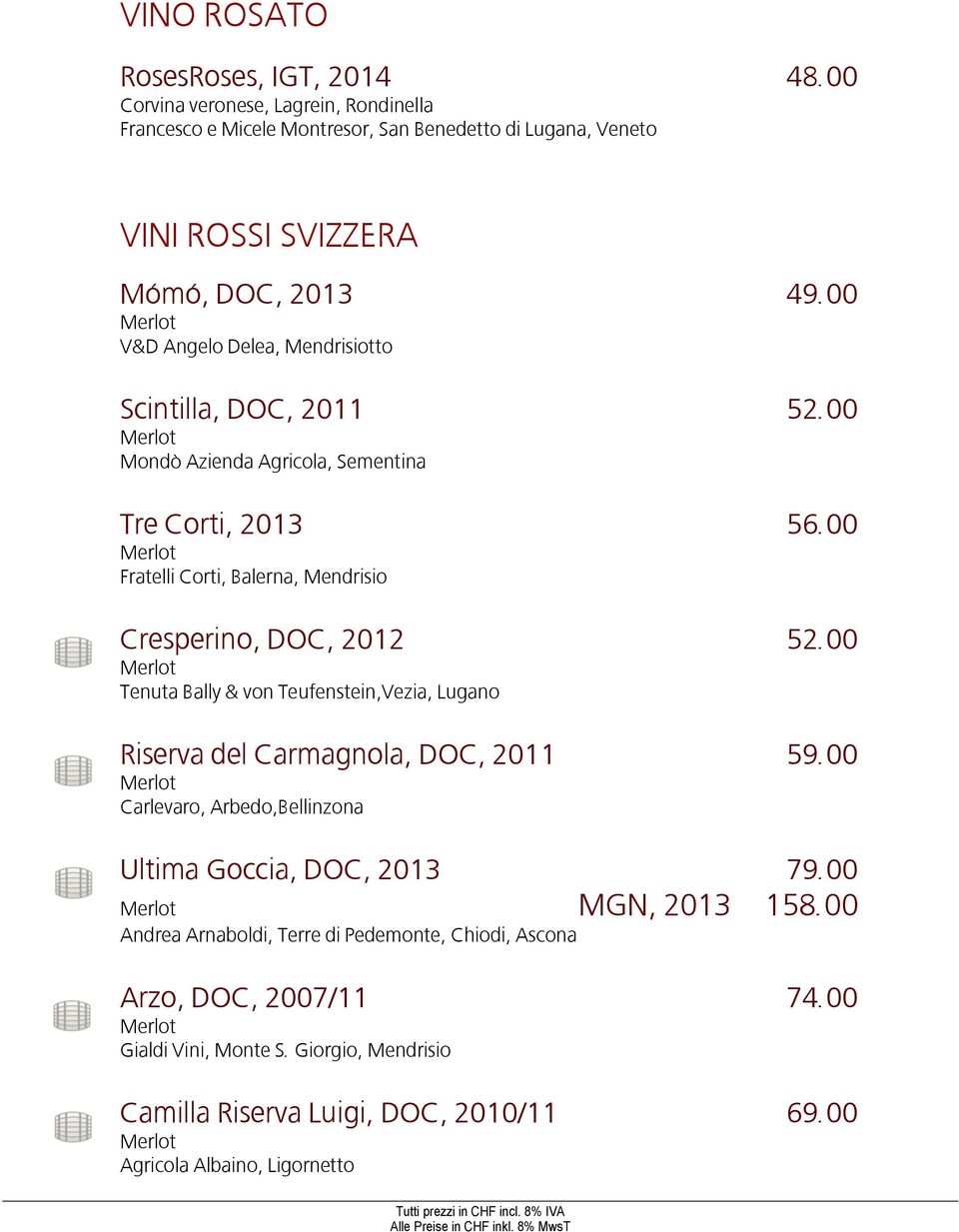 00 V&D Angelo Delea, Mendrisiotto Scintilla, DOC, 2011 52.00 Mondò Azienda Agricola, Sementina Tre Corti, 2013 56.00 Fratelli Corti, Balerna, Mendrisio Cresperino, DOC, 2012 52.