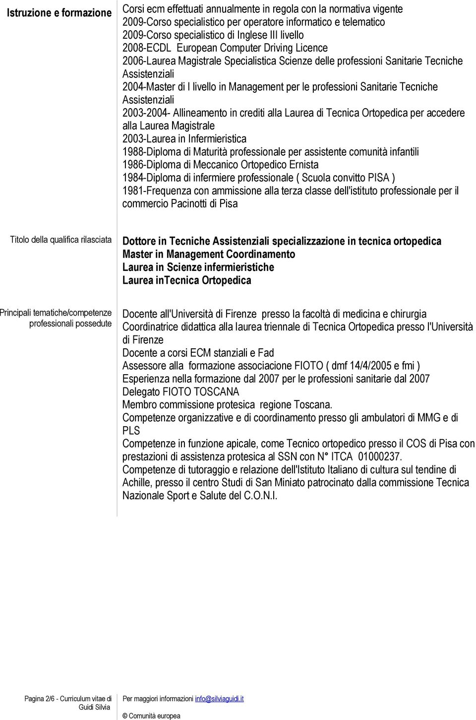 professioni Sanitarie Tecniche Assistenziali 2003-2004- Allineamento in crediti alla Laurea di Tecnica Ortopedica per accedere alla Laurea Magistrale 2003-Laurea in Infermieristica 1988-Diploma di