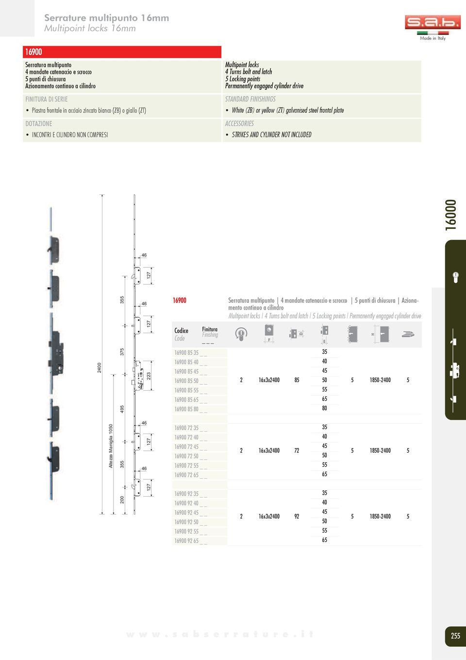 steel frontal plate STRIKES AND CYLINDER NOT INCLUDED 16000 2400 Altezza Maniglia 1050 5 200 5 495 375 223 127 127 127 127 16900 Serratura multipunto 4 mandate catenaccio e scrocco 5 punti di