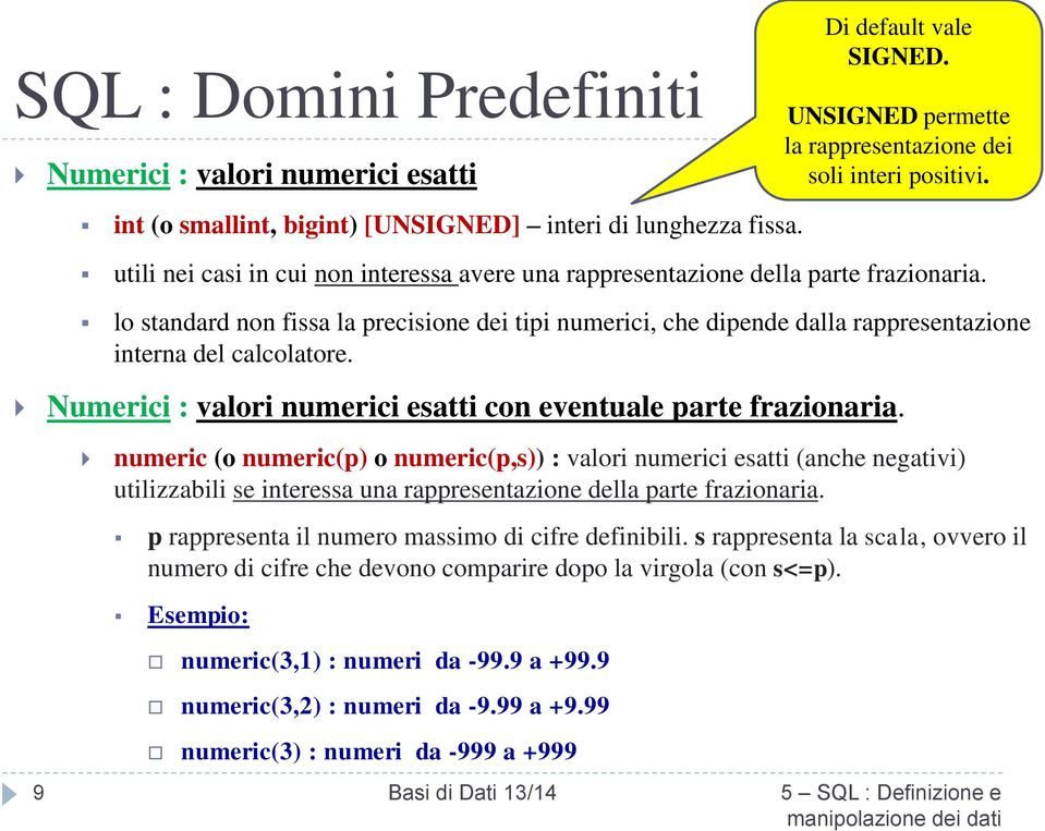 lo standard non fissa la precisione dei tipi numerici, che dipende dalla rappresentazione interna del calcolatore. Numerici : valori numerici esatti con eventuale parte frazionaria.