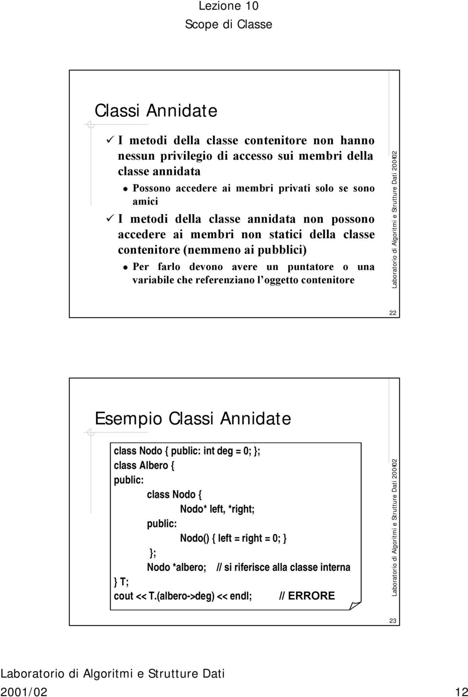 avere un puntatore o una variabile che referenziano l oggetto contenitore 22 Esempio Classi Annidate class Nodo { int deg = 0; class Albero { class Nodo {