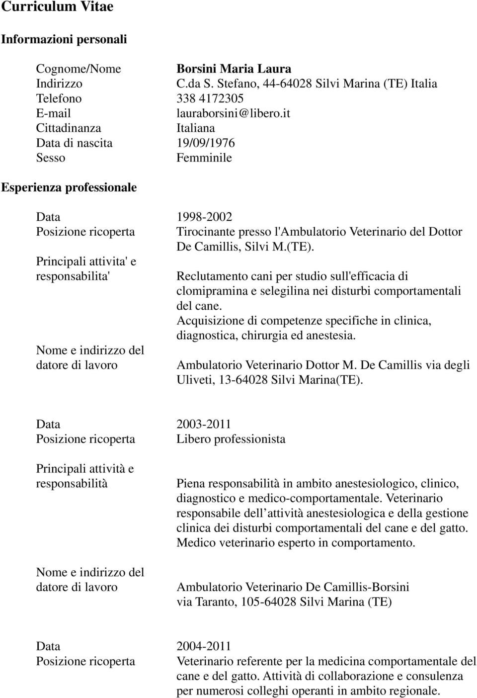 lavoro Tirocinante presso l'ambulatorio Veterinario del Dottor De Camillis, Silvi M.(TE).