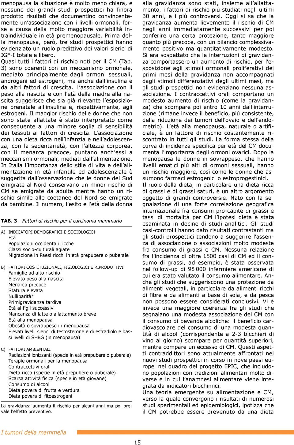 Prima della menopausa, per, tre studi prospettici hanno evidenziato un ruolo predittivo dei valori sierici di IGF-I totale e libero. Quasi tutti i fattori di rischio noti per il CM (Tab.