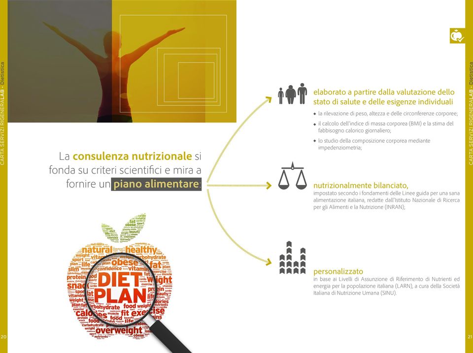 della composizione corporea mediante impedenziometria; nutrizionalmente bilanciato, impostato secondo i fondamenti delle Linee guida per una sana alimentazione italiana, redatte dall Istituto