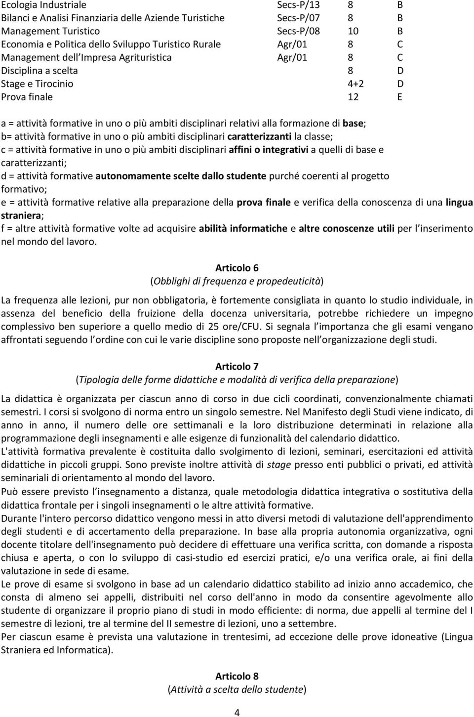 di base; b= attività formative in uno o più ambiti disciplinari caratterizzanti la classe; c = attività formative in uno o più ambiti disciplinari affini o integrativi a quelli di base e