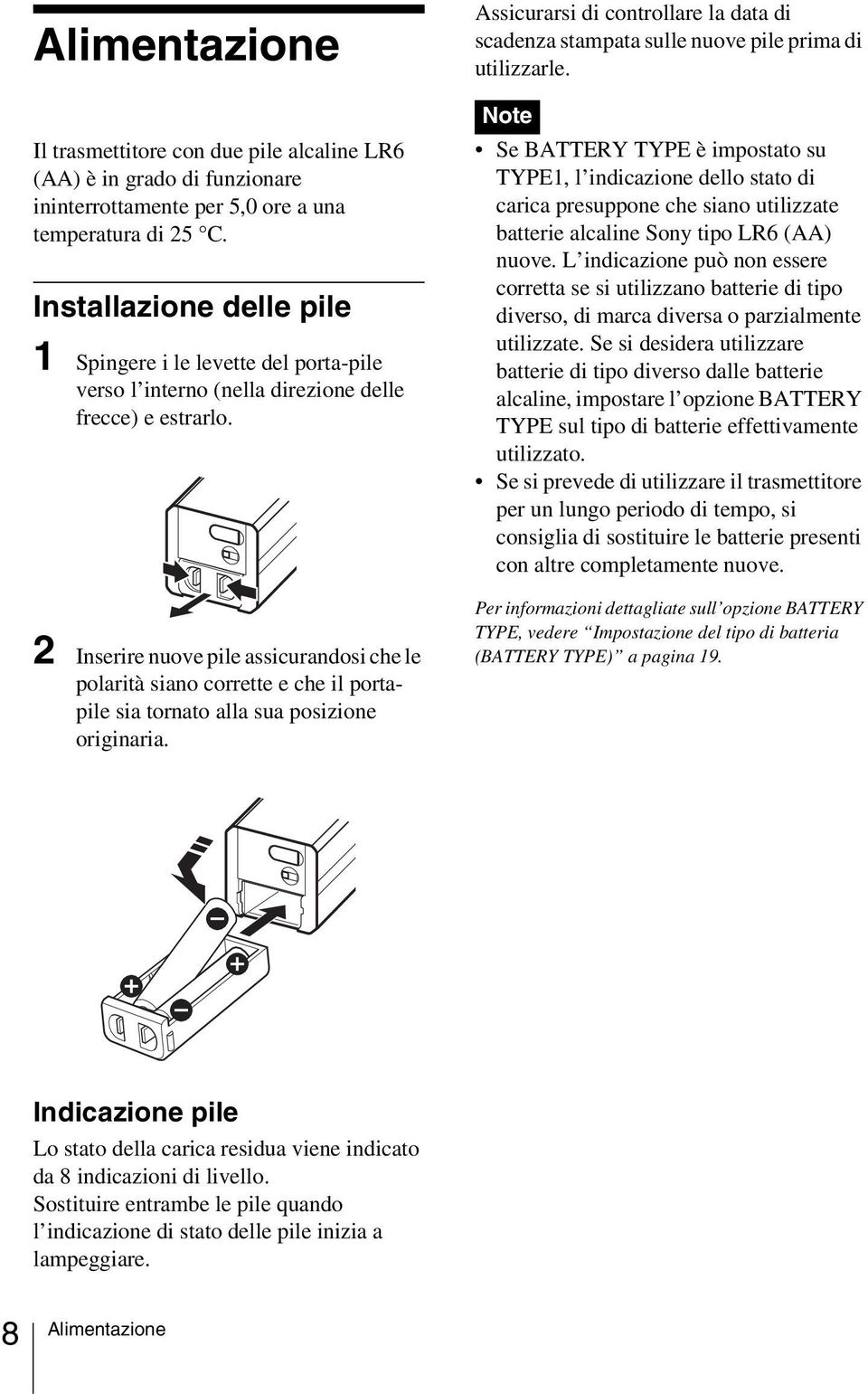 2 Inserire nuove pile assicurandosi che le polarità siano corrette e che il portapile sia tornato alla sua posizione originaria.