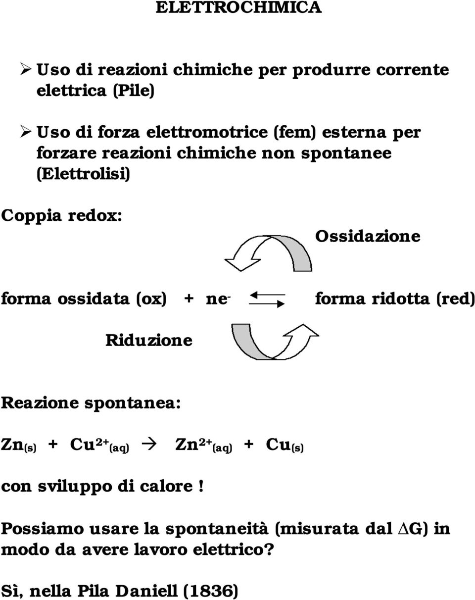 ne - forma ridotta (red) Riduzione Reazione spontanea: Zn(s) + Cu 2+ (aq) Zn 2+ (aq) + Cu(s) con sviluppo di