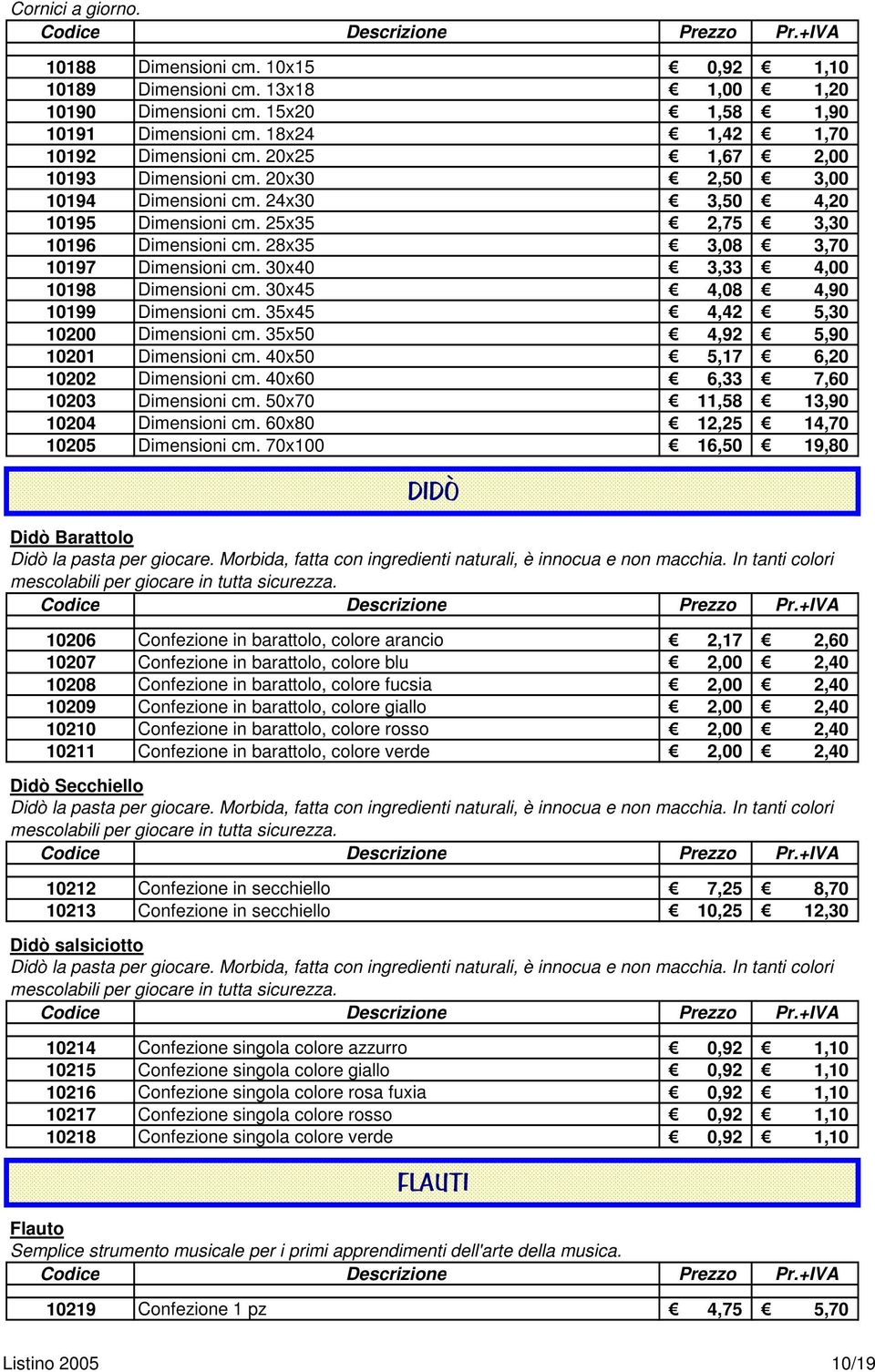 30x40 3,33 4,00 10198 Dimensioni cm. 30x45 4,08 4,90 10199 Dimensioni cm. 35x45 4,42 5,30 10200 Dimensioni cm. 35x50 4,92 5,90 10201 Dimensioni cm. 40x50 5,17 6,20 10202 Dimensioni cm.