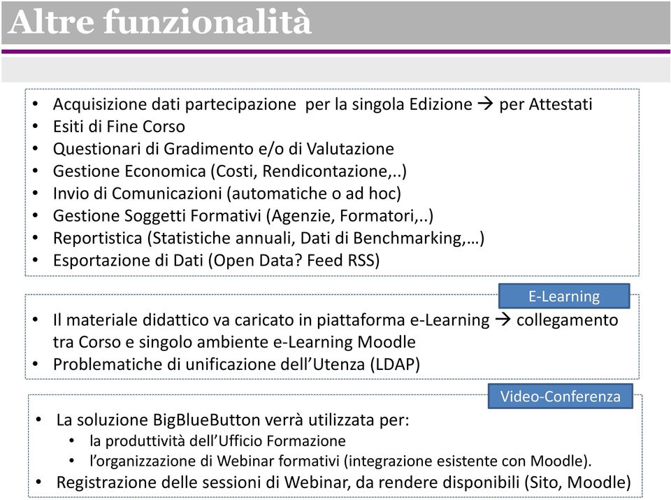 Feed RSS) E-Learning Il materiale didattico va caricato in piattaforma e-learning collegamento tra Corso e singolo ambiente e-learning Moodle Problematiche di unificazione dell Utenza (LDAP)