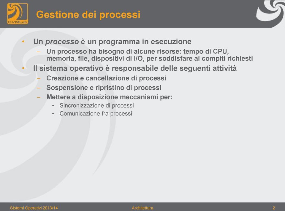 delle seguenti attività Creazione e cancellazione di processi Sospensione e ripristino di processi Mettere a