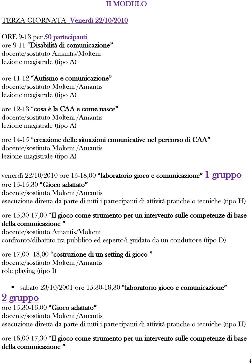 15,30-17,00 Il gioco come strumento per un intervento sulle competenze di base della comunicazione docente/sostituto Amantis/Molteni ore 17,00-18,00 costruzione di un setting di gioco role playing