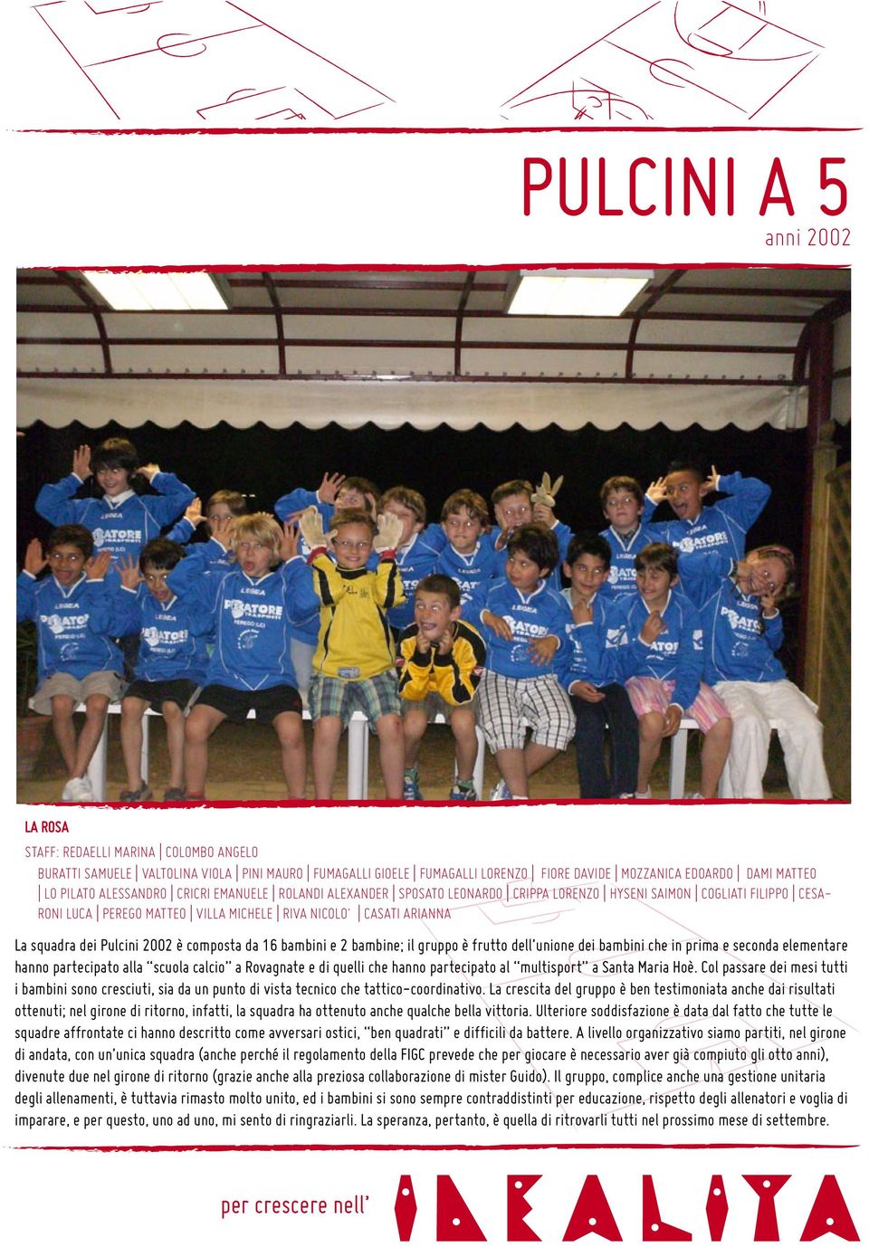 Pulcini 2002 è composta da 16 bambini e 2 bambine; il gruppo è frutto dell unione dei bambini che in prima e seconda elementare hanno partecipato alla scuola calcio a Rovagnate e di quelli che hanno